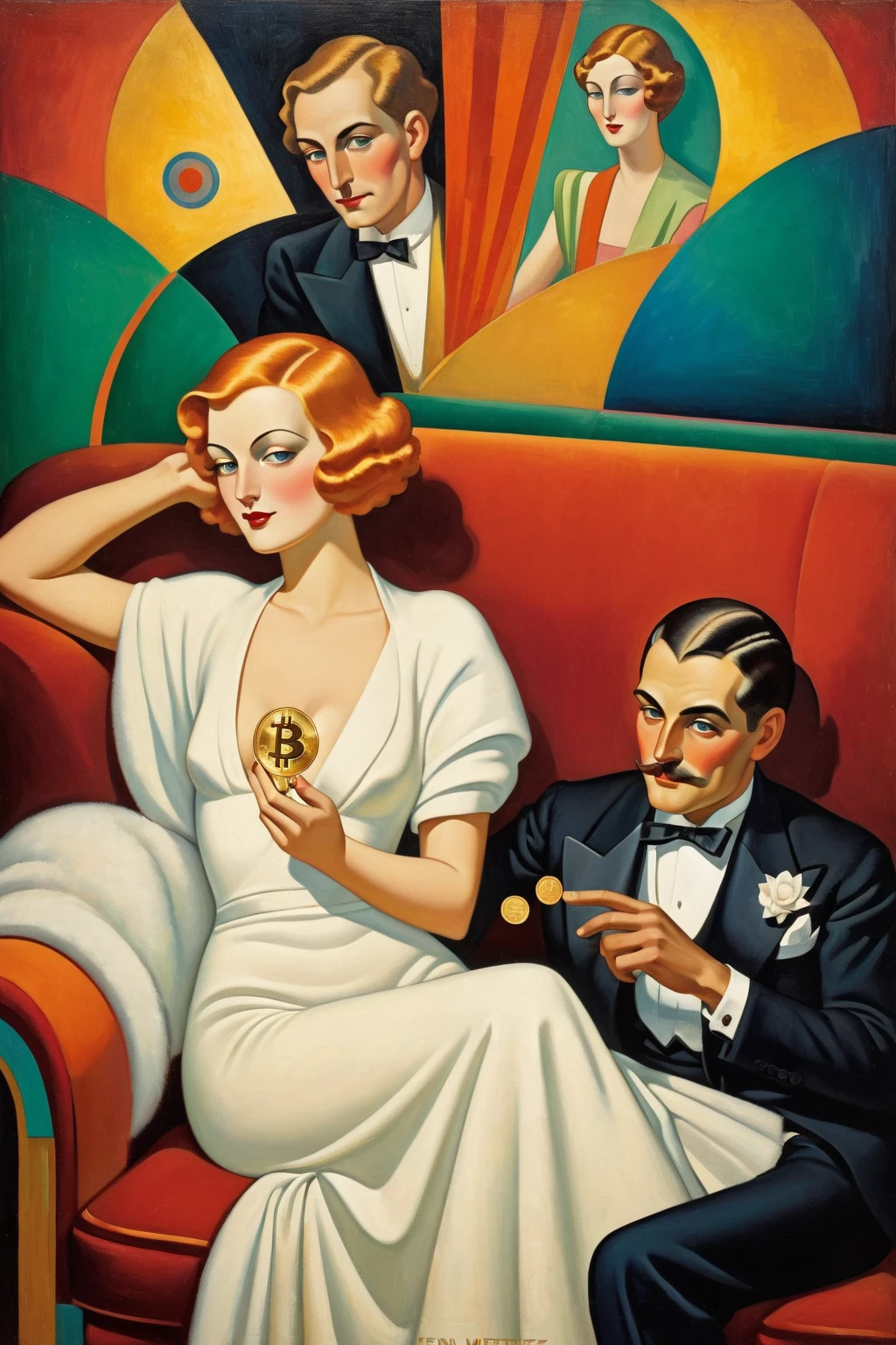 painting of a woman with a man in a tuxedo sitting at sofa, art deco painting, stylised painting, art deco portrait, by Jean Metzinger, an art deco painting, by Fernand Pelez, art deco illustration, inspired by Moïse Kisling, georgy kurasov, bauhaus style painting, woman with blong hair and sexy white dress,a man holding a coin of bitcoin