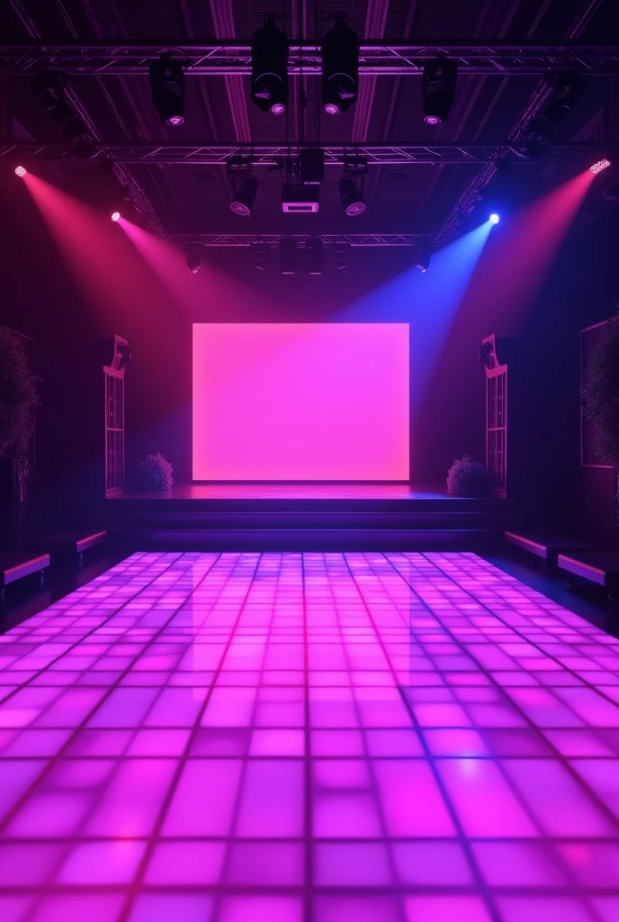 It can create a stage and dance floor environment, appealing, modern and following a modern lighting proposal, with strong colors like purple, Pink. A sophisticated track, large and that has some small benches on the side to put drinks on top. The dance floor can be illuminated.