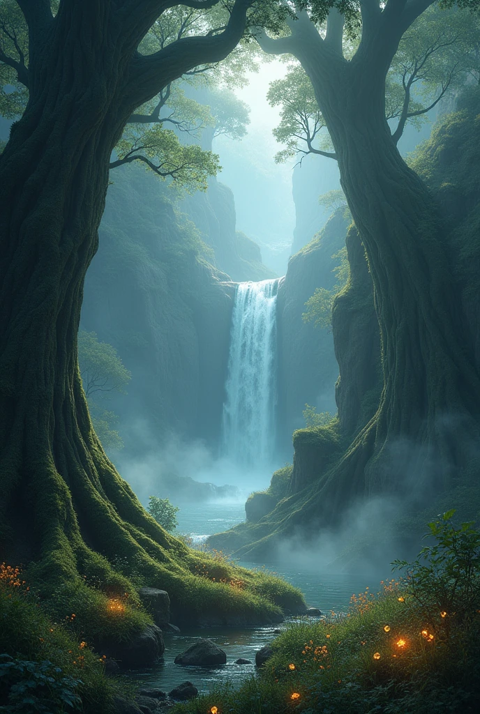 A forest covered in fog , with tall and ancient trees. In the distance, There is a waterfall that shines in the sunlight, and on the ground, flowers that seem to shine.