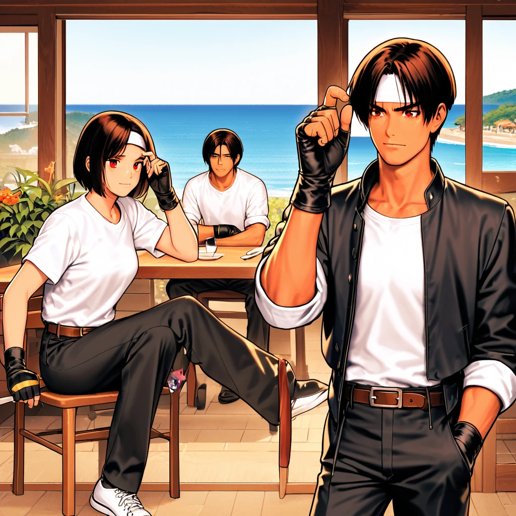 woman,Tears,Wiping tears,short hair,Dark hair,Dark Skin,Red eyes,(black jacket with sleeves rolled up),Fingerless gloves,White T-shirt, (White headband),Black trousers,White shoes,Brown belt,cute,Indoor Party,Charm Points,Ocean View,Slightly large chest,Outdoor,high quality,good looking,Confident sad face,Classmates on the terrace(One girl and one boy)be worried about,The mood after a breakup,Sit on a chair,kisara