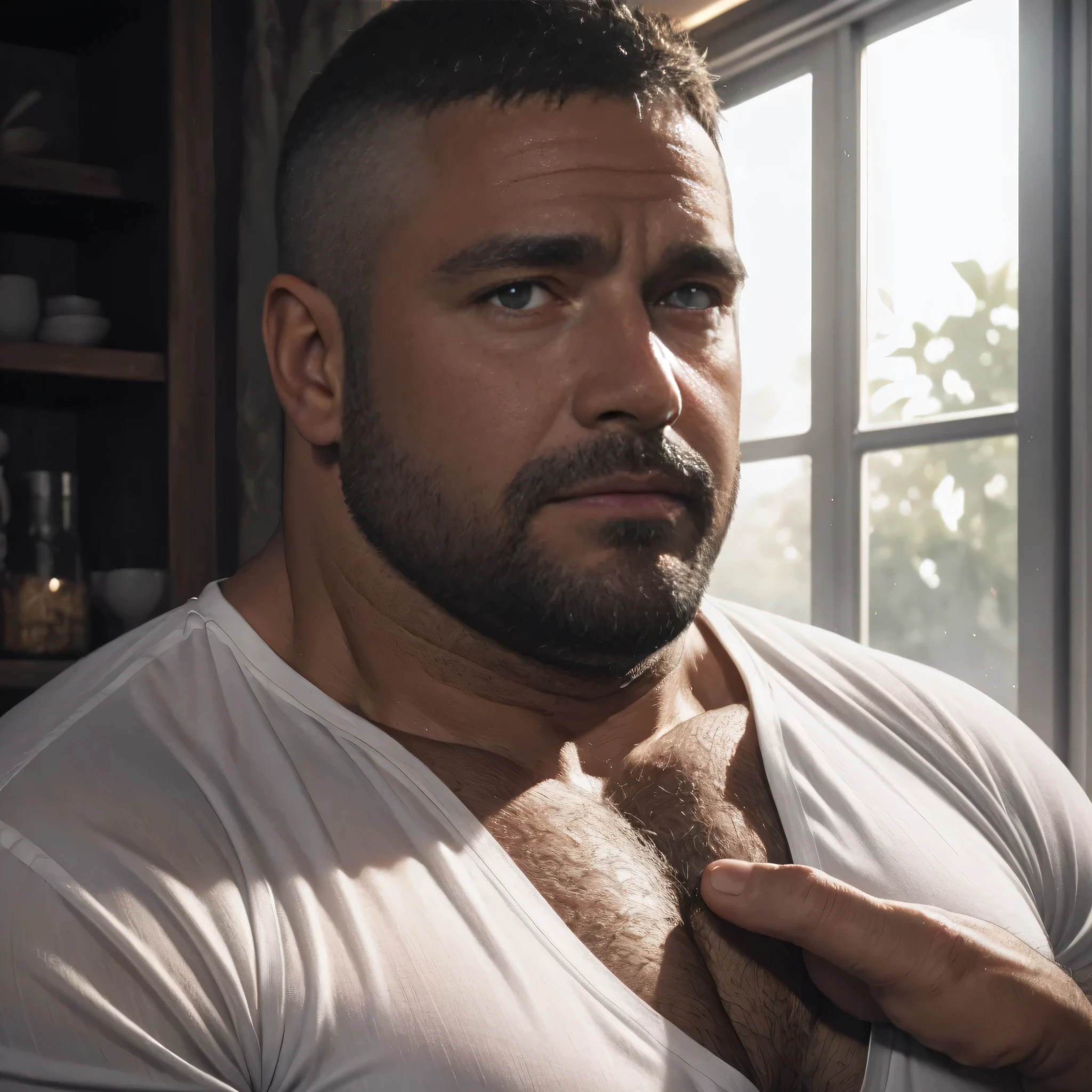 Award-winning original photos，A wild fat man, (40 years old daddy:1.1), 1 boy, Solitary, (White shirt), (The top is fully open), (Big Shoulders Culture, Stubble, Short beard, beautiful eyes:1.3), (Delicate face:1.3), Dynamic Angle, Volumetric Lighting, (best quality, high resolution, Reality), Movie Lighting, masterpiece, RAW photos, Intricate details, HDR, Depth of Field,Extreme close-up, 