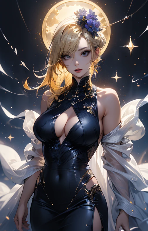 masterpiece, high quality, 4K, Beautiful design, silhouette,blonde, 非常に詳細な夜のStarry Sky,Flower Field, wonderful, Finer details, Very knowledgeable woman, Highly detailed solo, 1 female,,Tight Dress,Night view,Starry Sky,full moon,
