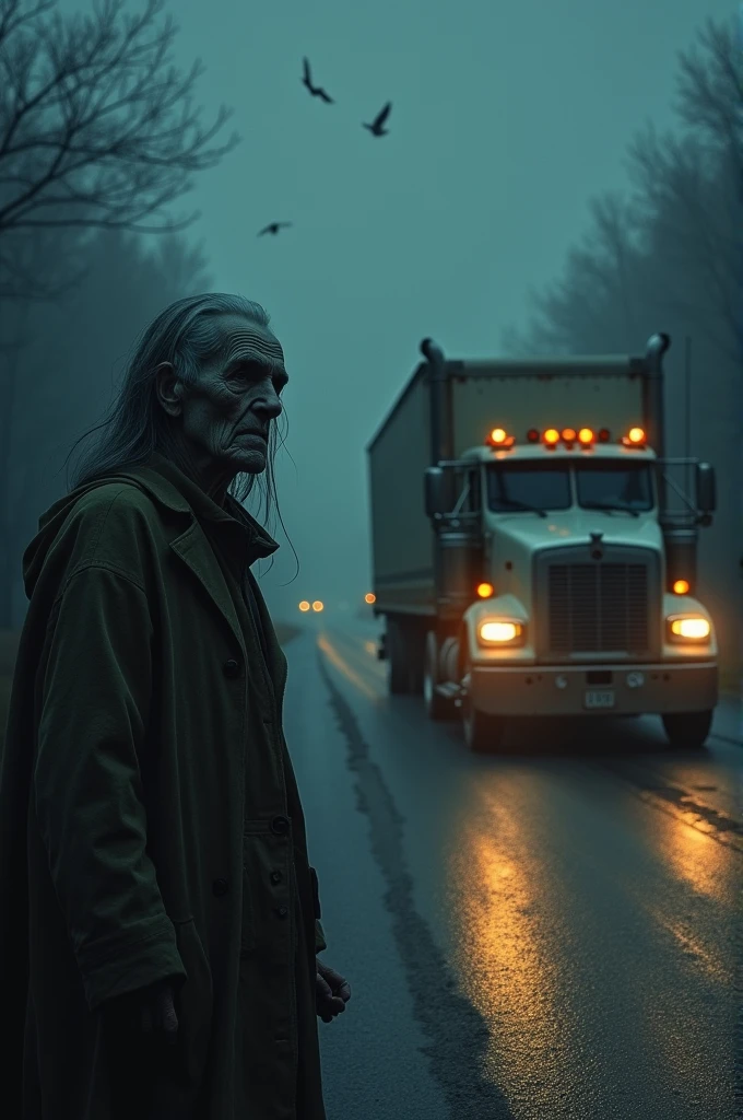 A TRUCK DRIVER WAS WORKING THEN OUT OF NOWHERE AN OLD WOMAN APPEARS ON THE ROAD A HORROR STORY 