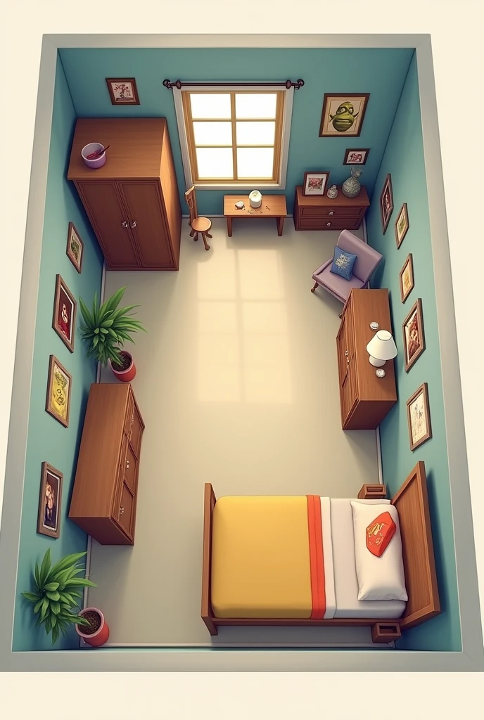 Organize the elements of the 4 meter by 1.5 meter room so that you maximize space and functionality. Place the 1 meter closet on the wall with the window, and place the 1 meter by 40 centimeter bed on the wall opposite the window. Place the dresser and table along the 4 meter side wall, leaving enough free space in the center for passage. Adjust the layout based on what works best in terms of space and accessibility. Decorate with photos of Harry Potter and Shrek on the remaining walls.