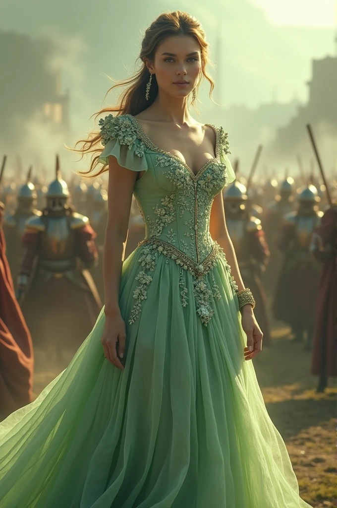 Light green colour full dress at big war between to kings
