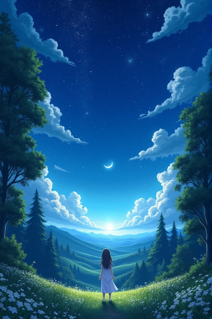 Anime style nature, night time, sky full of shining stars