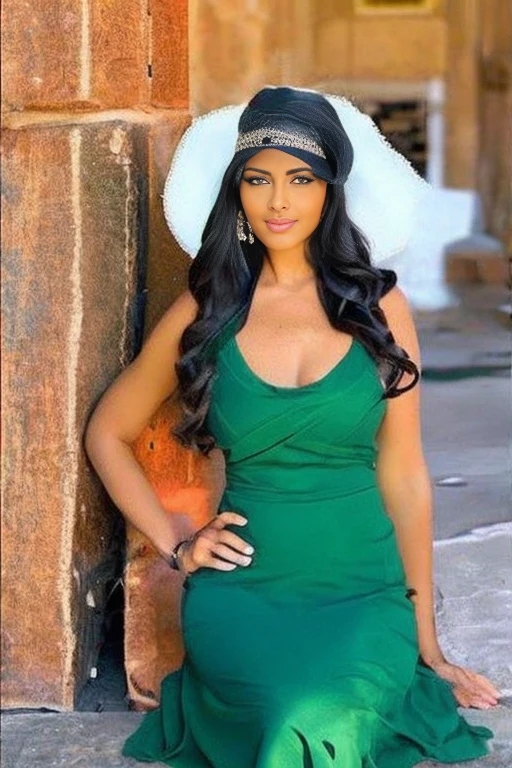 A giraffe woman wearing a green dress sitting on a rock, 30 year old Cuban woman., Alone beautiful latin woman, beautiful tan mexican woman, looks like a Christmas fairy tale, Malika Favre, 40 year old women, 3 0 year old woman, green full length dress, alani guillen, Beautiful Mexican woman, ayahausca