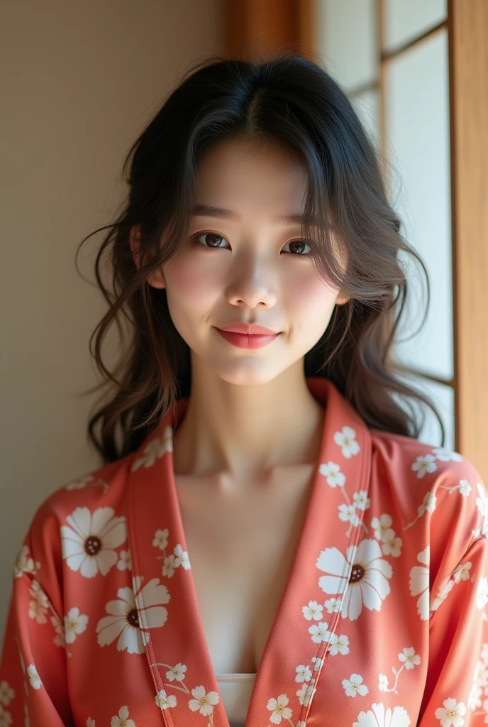 A very cute face like an idol、like々A 19-year-old woman with a cute face、Gentle and cute、A kind smile、(((Japanese Yukata)))、Sleeping on futons in a Japanese-style room (washitsu) of a ryokan、Cleavage、(Full body portrait)、RAW Photos、Genuine、High resolution