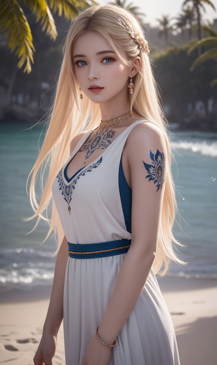 Witness the ultimate masterpiece of art with our AI platform – stunning 8k ultra HD renders of a beautiful Pakistani woman adorned with intricate tattoos, Play on the beach with blonde hair and piercing blue eyes. SEMINUA, STAND UP, quase nua. standing
