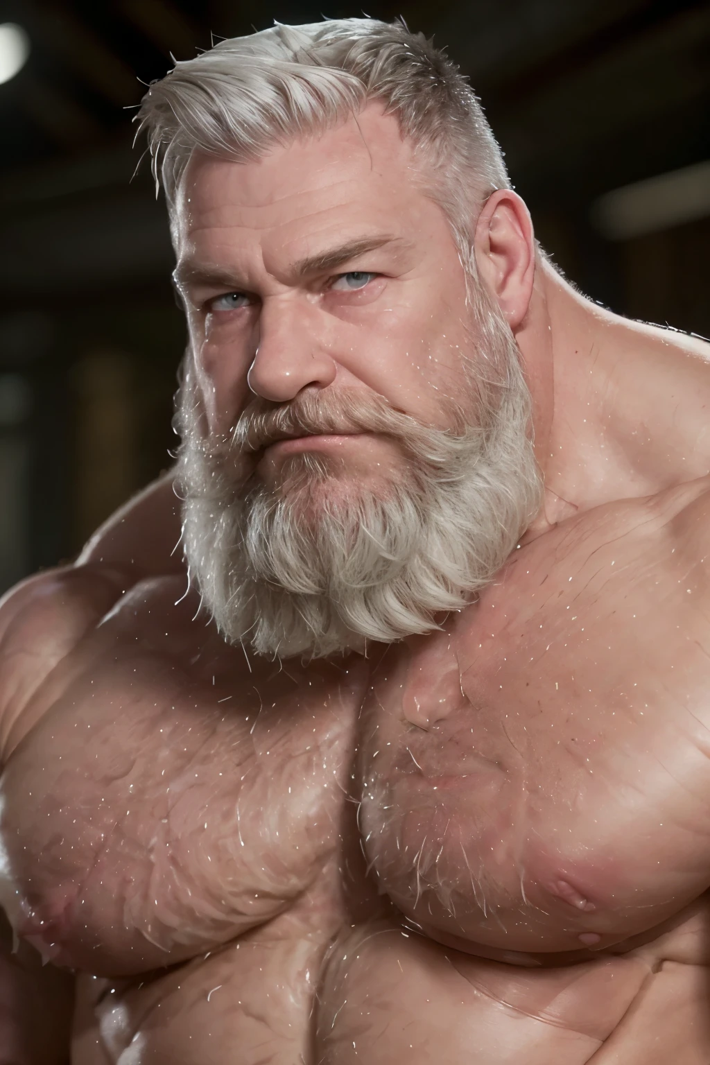 (best quality,4k,8k,highres,masterpiece:1.2), ultra-realistic, ultra-detailed, best quality, white man, bulging muscle daddy, handsome daddy, white hair, short mohawk slicked back hair with side bald, droopy eyes, blue eyes, high definition, long full beard, long mustache, wearing white jockstrap, nice bulge, bulging belly, age 70, short nose, portrait, bulging chest, massively muscular, pale skin, hairy body, thick hand, muscle bear, down turned eyes, square shaped eyes, nice bulge, thick beard, thick and hairy eyebrow
