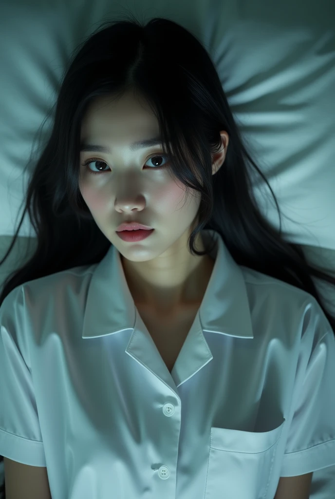 (best quality), RAW photo,professional photo of a japanese woman, realistic shadow,photo-realistic,clear (focus:1.1),ultra high res,beautiful face,one beautiful woman, Break,
20 yo, actress,black hair, long hair, medium breasts:0.5, slender body, (sweat),natural make, face focus, Break, (pastel white uniform(nurse):1.4),(night:1.3),(hospital room:1.3),(indirect lighting:1.2),bed sheet, on back,reaching,from_above, moody lighting,