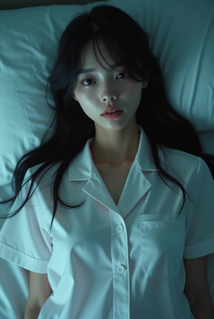 (best quality), RAW photo,professional photo of a japanese woman, realistic shadow,photo-realistic,clear (focus:1.1),ultra high res,beautiful face,one beautiful woman,  Break,
20 yo, actress,black hair, long hair, medium breasts:0.5, slender body, (sweat),natural make, face focus, Break, (pastel white uniform(nurse):1.4),(night:1.3),(hospital room:1.3),(indirect lighting:1.2),bed sheet, on back,reaching,from_above, moody lighting,