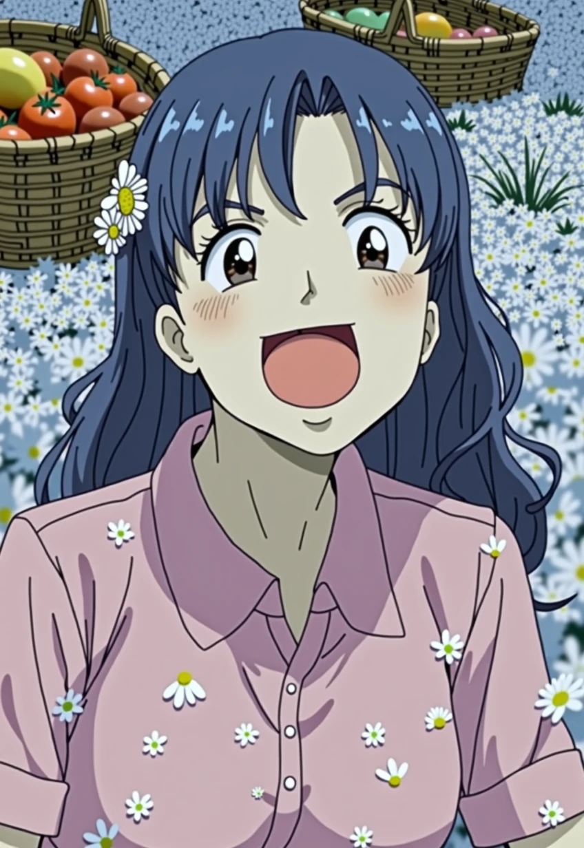 (girl:1.2),alone, (long ginger curly hair:1.1), brown eyes, Wearing a daisy wreath on your head, Sit in a daisy field, (fruit basket:1.1), blue shorts, red shirt,,raw,photographic,photo shadows,actual,Ridiculous,Aesthetic,elegant
