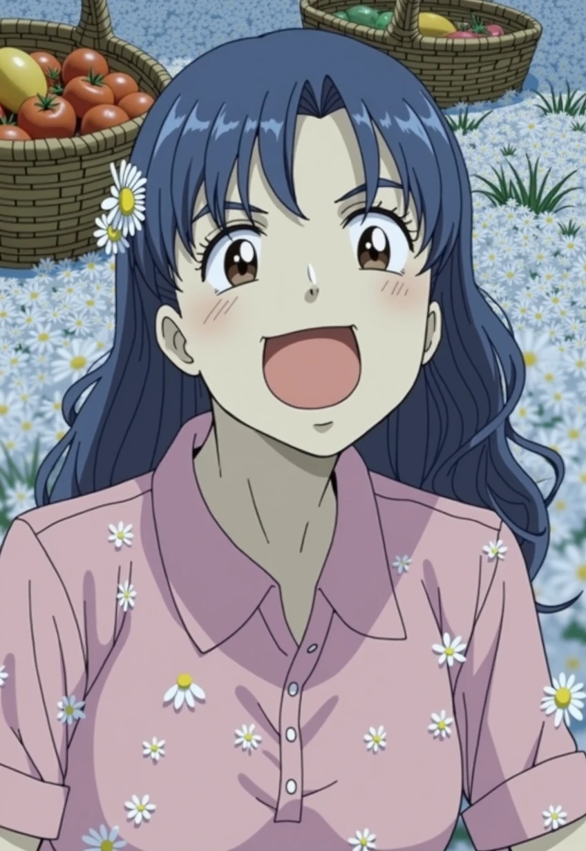 (girl:1.2),alone, (long ginger curly hair:1.1), brown eyes, Wearing a daisy wreath on your head, Sit in a daisy field, (fruit basket:1.1), blue shorts, red shirt,,raw,photographic,photo shadows,actual,Ridiculous,Aesthetic,elegant