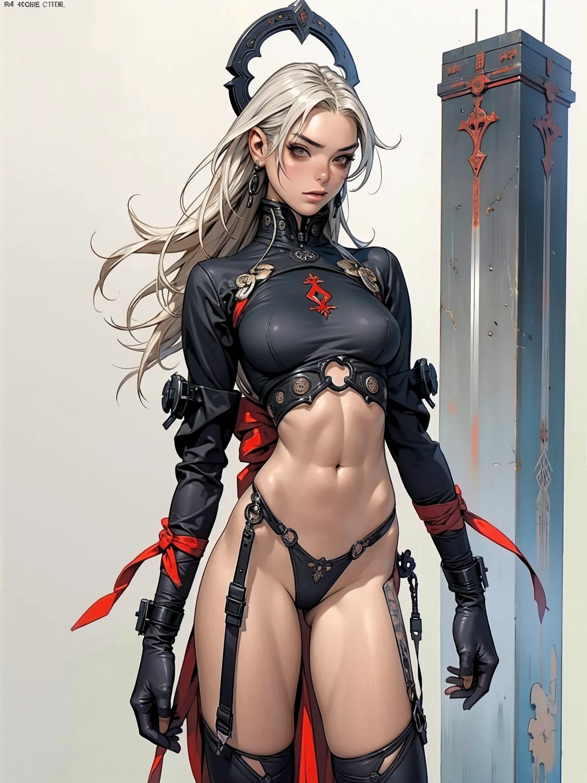(best qualityer))), (((manga strokes))), woman knight with a black armor, (((girl with red helmet))), metal panties, medieval albino girl, Barbed wire garter belt, breasts covered with a wave-shaped metal breast protector, Curly white hair, long ribbon-garter, chains wrapped around the arm, metal gloves, great sword, medieval castle, fitness body, blood, nude belly, coxas nuas (((manga style))), violent, Manic, slenderbody, thin but strong, perfectbody, armor black, ornate metal sleeves, intricate visual com um castelo medieval enorme, ((( sculptural body ))), (((1 girl))), garota de 25 anos com perfectbody,,Beautiful and well-groomed face,muscular body:1.2,solid color detailed jacket, (Head to thigh photos), Complex equipment, (((standing alone))), pirralha violent, ((())), sexly, pose de atitude, work of art, post-apocalypse, (((manga style))), bounty hunter, violent, Manic, the way you want, slenderbody, thin but strong, perfectbody, roupa moderna, advanced technology, neon, sleeves with vertical striped pattern, intricate background, (( cowboy shot )). intricate visual