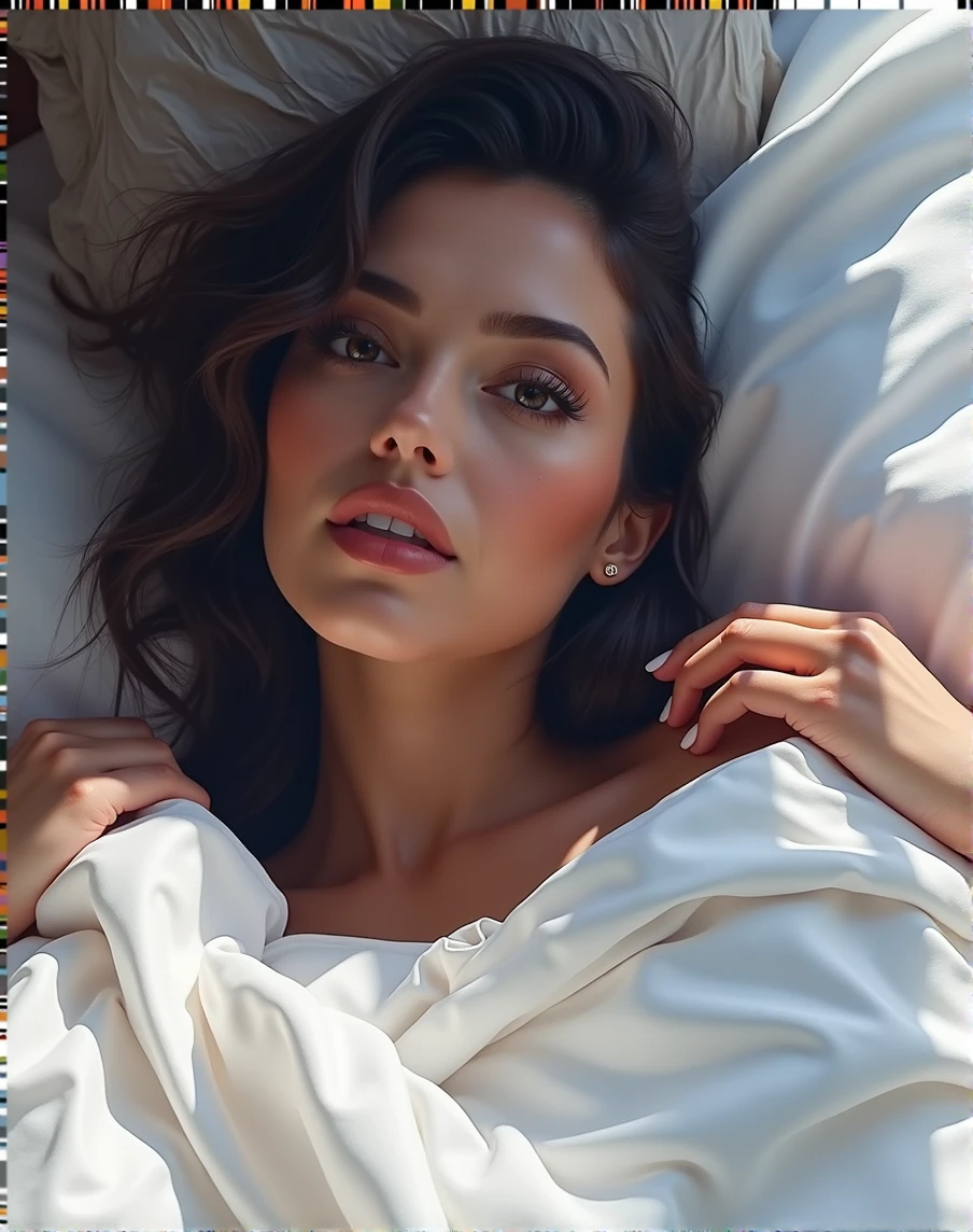 realistic 35 year old Mexican woman in sensual pose on bed, half body pose, detailed skin texture, beautiful facial features, long eyelashes, glossy lips, delicate fingers, elegant body shape, luxurious silk bedding, soft lighting, cinematic composition, vivid colors, photorealistic, 8k, high quality