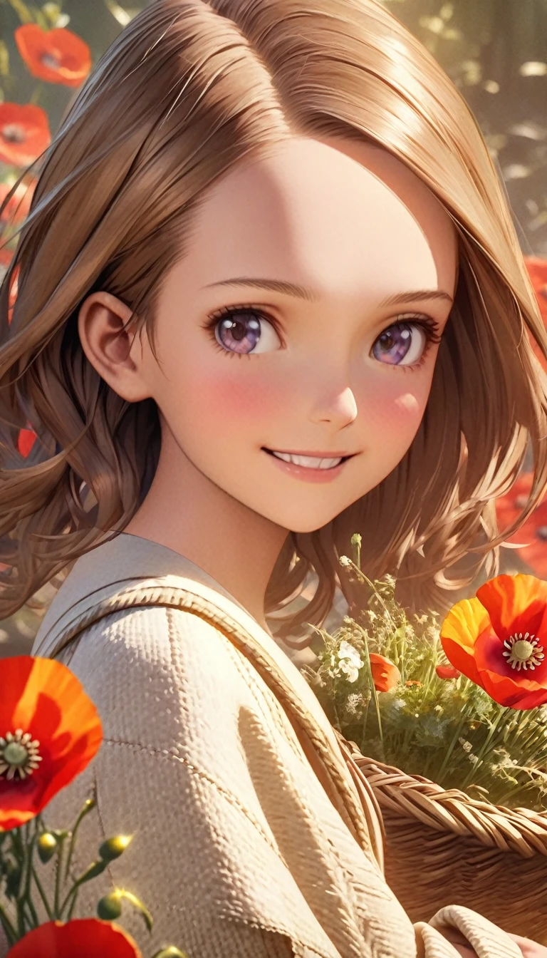 (Pixar Style: 1.25) Portrait of a Girl, Natalie Portman, smile, At waist length、Poppy flowers in a flower basket, Natural skin texture, 4K Textures, High resolution, Complex, Very detailed, Sharp focus, Cinematic look, Ultra-detailed