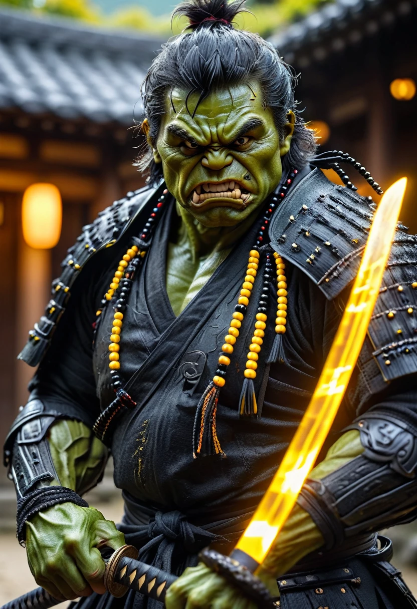 An action photo, a realistic photo in digital, A Hulk samurai personifying anger pulling a glowing magical katana from a scabbard, black with black wooden armor, samurai beads, a yellow demon samurai mask, standing in an ancient Japanese village, ultra HD, 8k, crazy details.