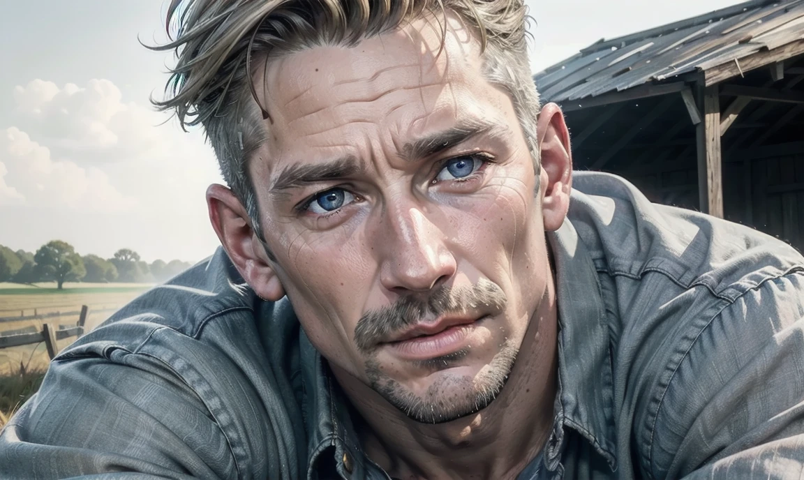 [((highly detailed, detailed eyes, detailed face, clear and realistic facial features, photorealistic, realistic light, cinematic)), (1 man), Mark is a handsome and alluring slender but muscular male farmer father 5 with short blond hair and a neat moustache and blue eyes and weathered skin wearing a flannelette shirt, ((sexy shern gay farmer)), ((greying blond hair)), (((weathered mature fa (((Mark has a seductive smirking look on his face and a slight blush on his cheeks))), There is a charming yet dry southern farm in the background, ((sexual undercurood))]