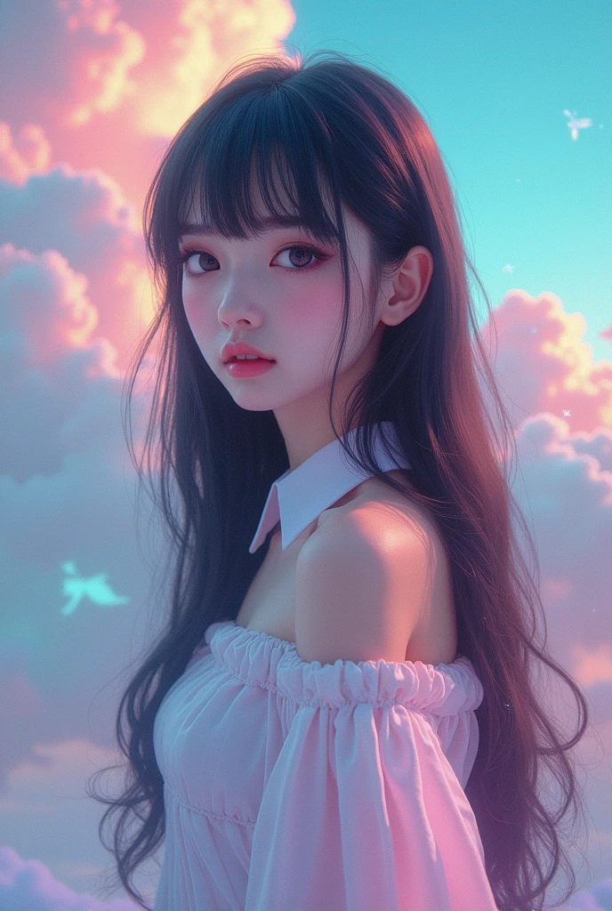 (fluorescent colors:1.4),(translucent:1.4),(retro filters:1.4), (fantasy:1.4), candy world Disney land ethereal soft fluffy soft landscape forest snowavatar Pastel pink sky green blue sparkle ethereal light pastel whimsical light rainbow stars diamonds sparkle gemstone background hyper realistic Ultra quality cinematic lighting immense detail Full hd painting Well lit,diagonal bangs,
collared dress,on side
masterpiece, best quality,realskin,(portrait:1.5), 1girl, blunt bangs, long hair