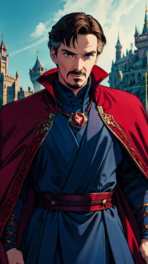 (8k),(masterpiece),(1man),(stephen_strange),From the front,focus on upper body,symmetrical composition,ghibli style,Dracula's Castle,vamptech,blood,vampiric,necklace,jewelry,cape,standing,