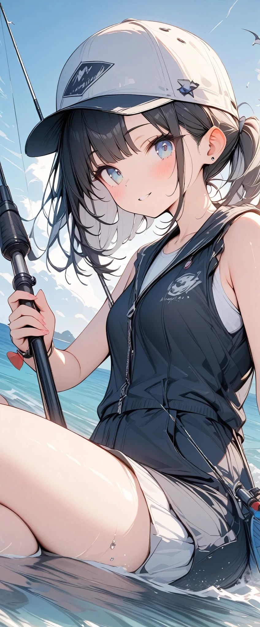 pale colour,((Amazingly absurd)),超High resolution, Attention to detail, high quality, High resolution, 最high quality, 4K, 8k, artwork,3dart,Summer breakwater、Girl Fishing、Black vest、cap、fishing rod