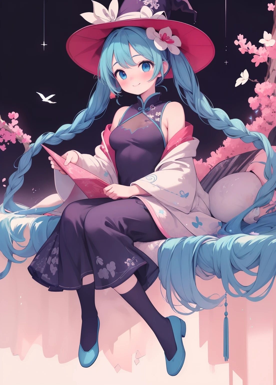 (masterpiece、Highest quality、Highest quality、Official Art、Beautiful and beautiful:1.2)、(One girl:1.3)Hatsune Miku、Twin tails,Beautiful breasts, Katsushika Hokusai,(Full body photo),Fluorescent background,(Witch 1 person,Flash Fluorescence,hat,Transparent tulle Chinese dress,A delicate tiara,smile),(Paper Art,Quilted Paper Art,geometry),(Many colors,The best quality at its best,High detail,masterpiece,Cinematic lighting effects,4K,Light and dark contrast),Blue sheer tulle dress,Braid,Red knee-length socks,Luminous Totem,blue eyes,Blue hair and large breasts,長いBraid,
