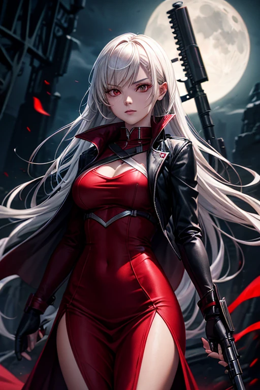 A female assassin on a moonless night, full of bloodlust, wearing a red dress, a black jacket with an A-line slit, and holding a long gun.