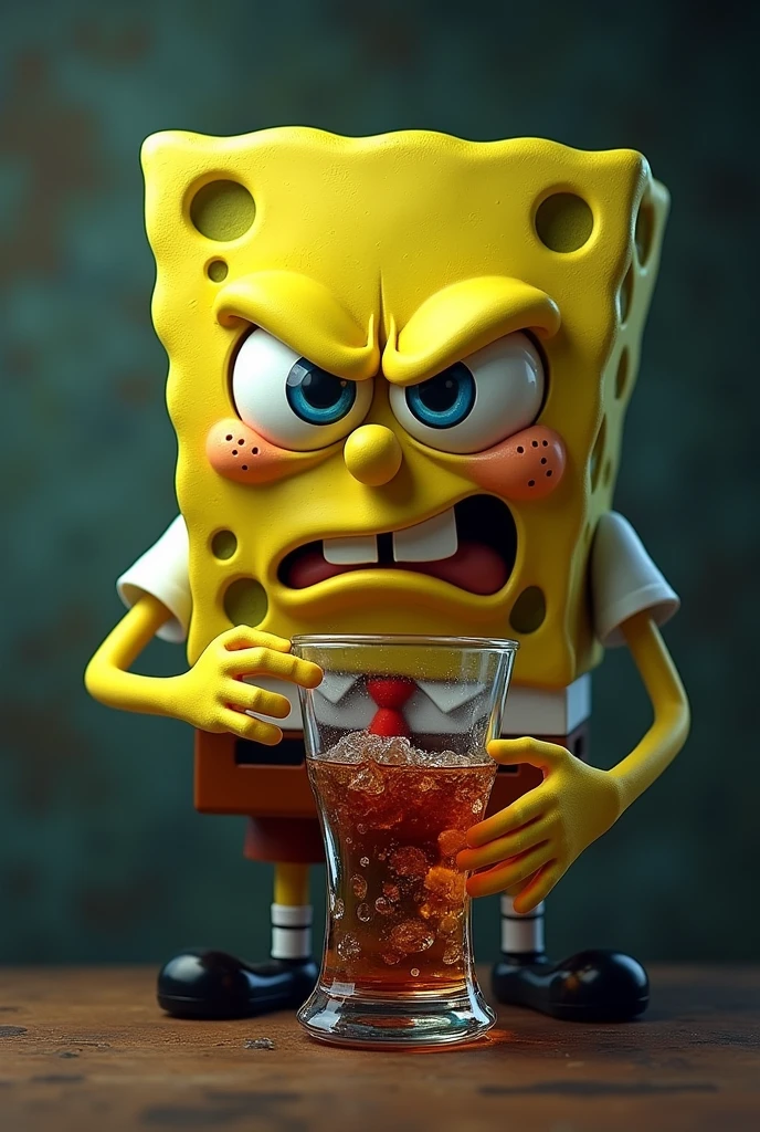 Spongebob hold alcohol one glasses and angryface