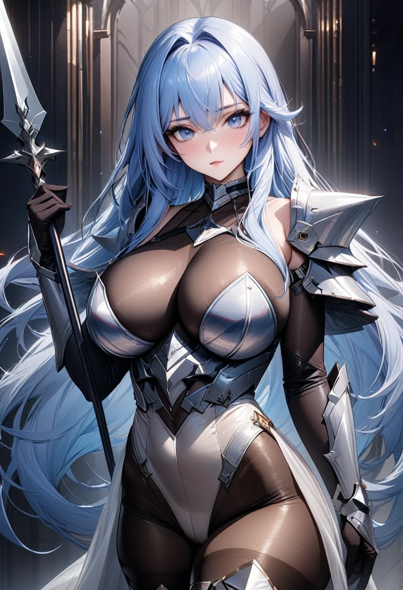 ((highest quality)), ((masterpiece)), ((hyperrealistic)), (solo), 1girl, ((curvy)), ((skindantation: 1.2)), perfect face, ((Azur Lane)), ((Valkyrie armor)), ((skin-tight see-through pantyhose leotard: 1.4)), ((white knight armor breastplate)), ((skin-tight black Investigator Bodystocking)), ((large pauldron)), (long gauntlet gloves), ((light blue hair straight long hair)), ((large breasts that look like they might burst)), (black pantyhose thighs), (white knee-high boots), (high heel boots), ((see through cleavage cutout)), zettai ryouiki, ultra high leg cut, beautiful blue eyes, Perfect hands, perfect fingers, luxurious goldsmith spear, holding a spear, prepare a spear, turning around