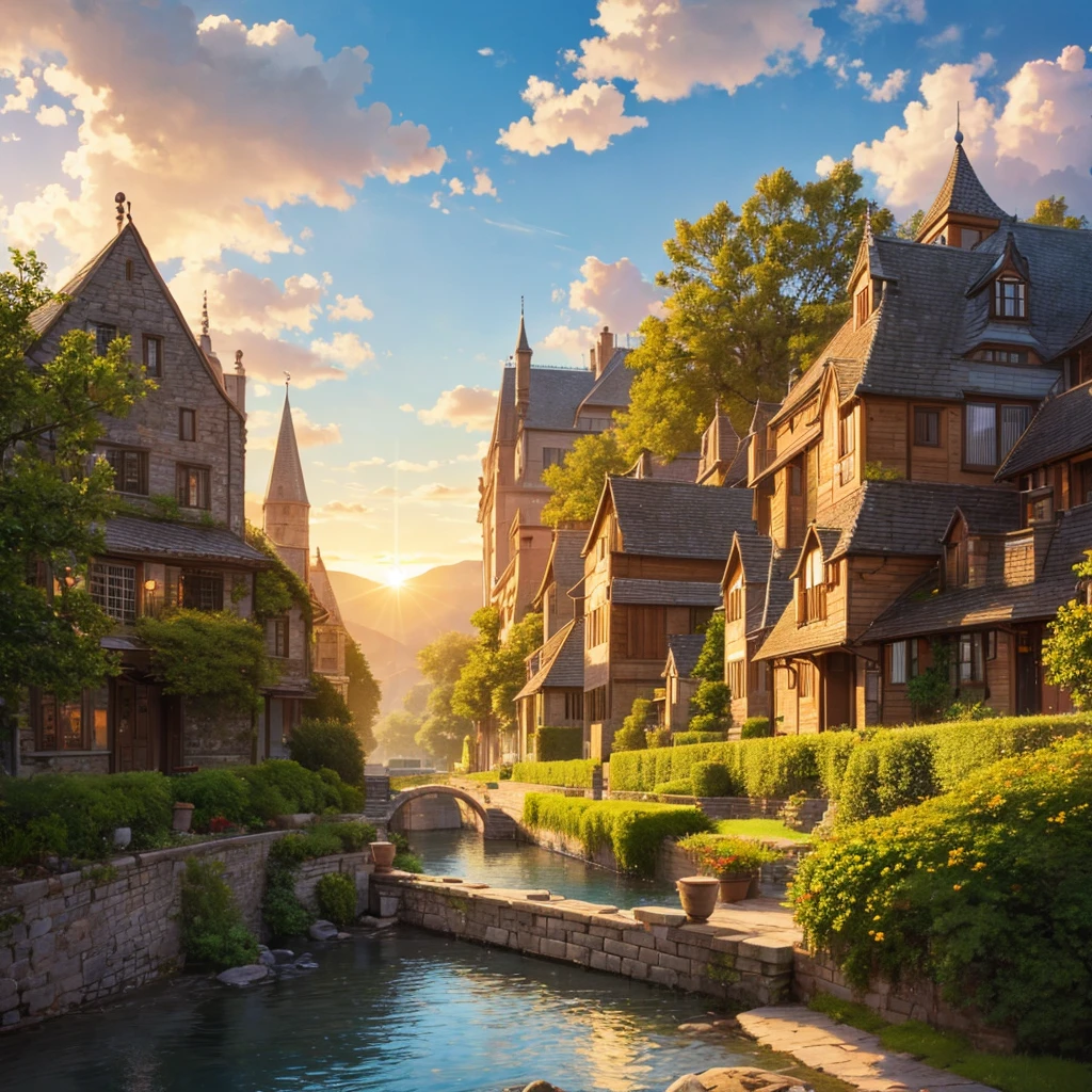 photorealistic, 8k, detailed, hyper-detailed, ultra-detailed, highly detailed, intricate, dramatic lighting, cinematic lighting, golden hour lighting, beautiful sunset lighting, lush green grass, countryside landscape, idyllic rural scene, quaint village houses, cobblestone streets, stone walls, tiled roofs, rustic architecture, lush foliage, towering trees, winding roads, dramatic clouds, serene atmosphere, vibrant colors, warm color palette