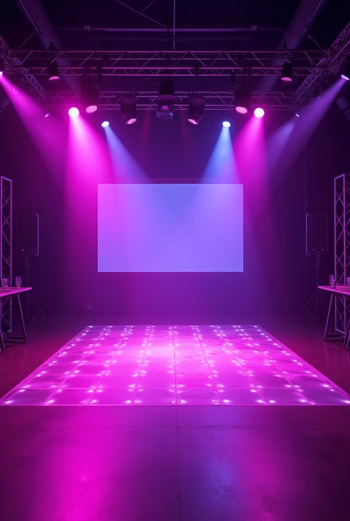 It can create a stage and dance floor environment, appealing, modern and following a modern lighting proposal, with strong colors like purple, Pink. A sophisticated track, large and have some small tables on the side to place drinks on. The dance floor can be illuminated.