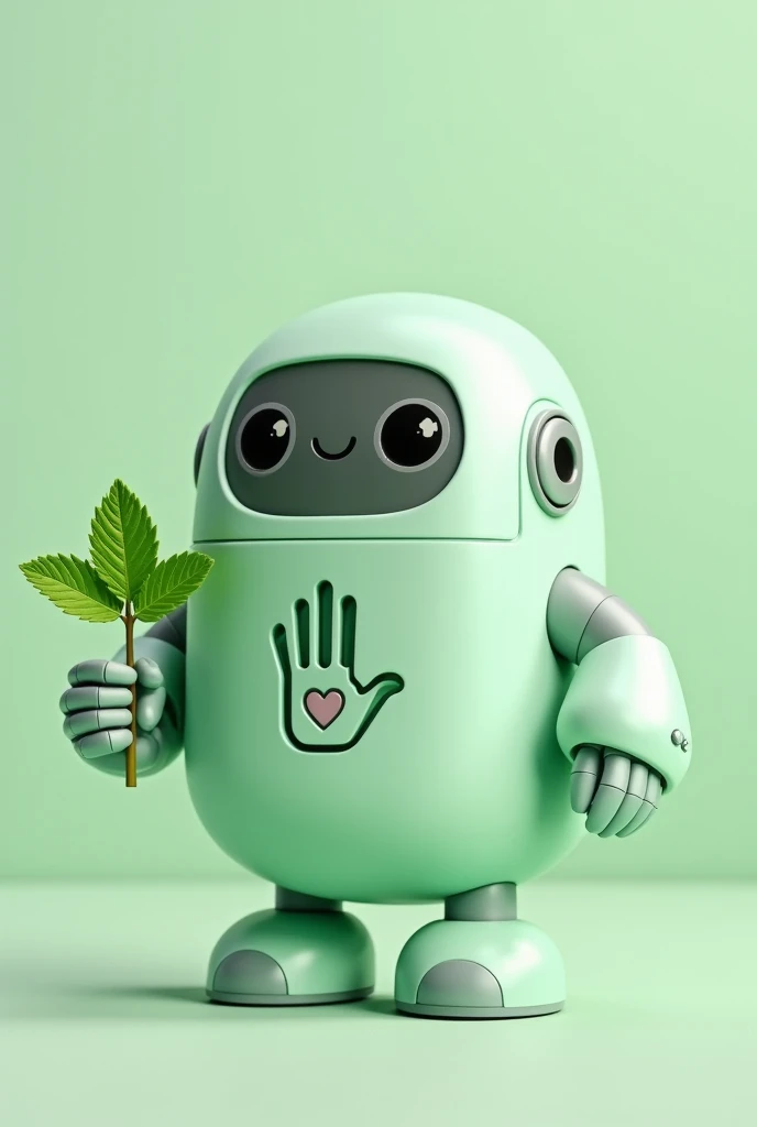Small light green robot with open hand symbol on chest, friendly with a mint leaf in hand