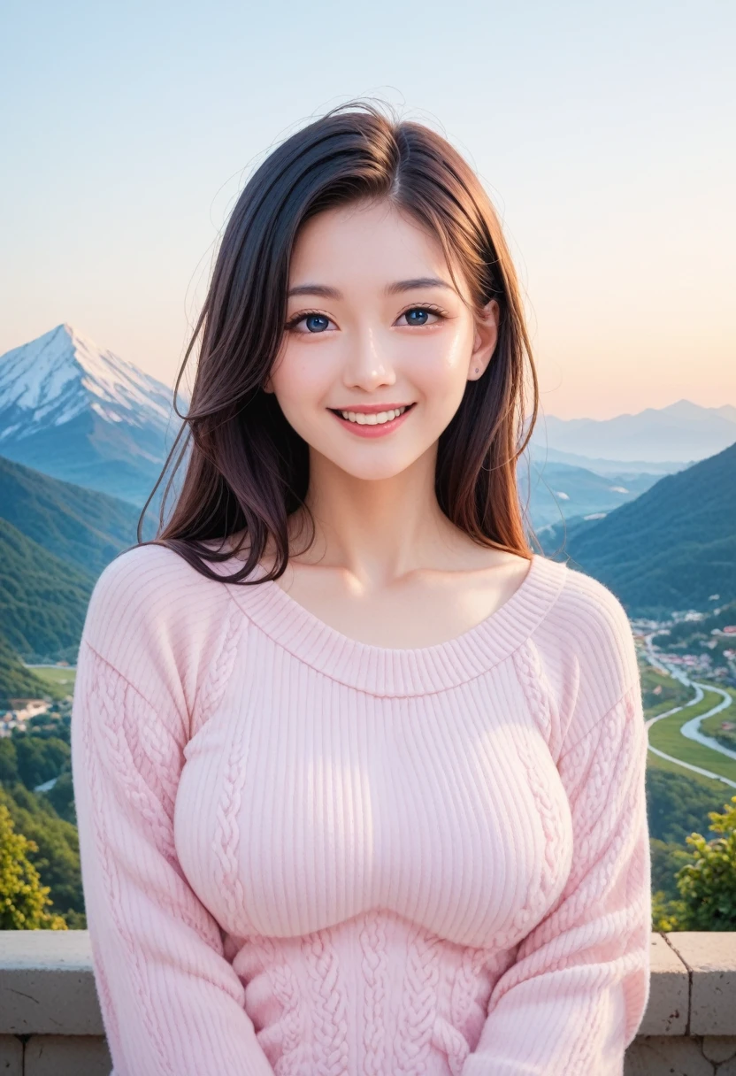 score_9,score_8_up,score_7_up,(pastel-color),(high brightness colors),1 girl,solo,(8k, masterpiece, ultra-detailed, best quality, ultra high res, newest, very aesthetic, absurdres, illustration, perfect composition),(hires),looking at viewer,black hair,shiny skin,fair skin,(upper body:1.5),In a beautiful mountain landscape, a curvy Japanese girl with a gentle smile is wearing a tight sweater that hugs her voluptuous body. Soft natural light gently illuminates her.