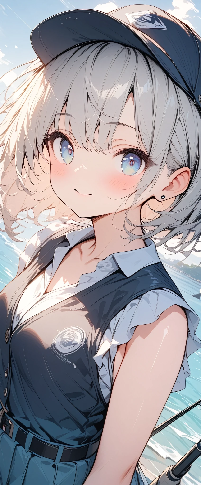 pale colour,((Amazingly absurd)),超High resolution, Attention to detail, high quality, High resolution, 最high quality, 4K, 8k, artwork,3dart,Summer breakwater、Girl Fishing、Black vest、cap、fishing rod