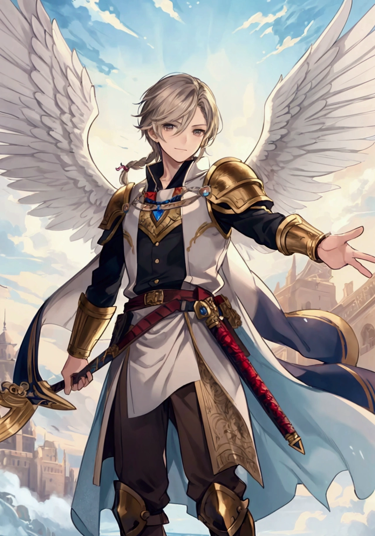 (Masterpiece), ((Highest Quality)),(Official Art),fantasy epic:1.2),(1 solo anime boy: 1.3). A cheerful androgynous young man with braided blonde hair, brown eyes, and white angel wings. He wears a winged armor and rides a white pegasus. Detailed picture. Detailed eyes. Masculine jaws. Full body. Soft fairytale picture book Arthur Rackham. Colorful, best detailed ((super detailed)), (highly detailed 2D anime boy illustration), ((epic and beautiful))