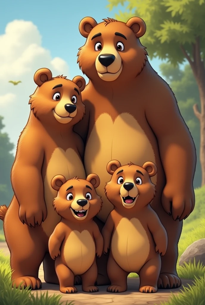 A bear family consisting of mom, dad, and two children, one older and one younger, animated for a children's story.