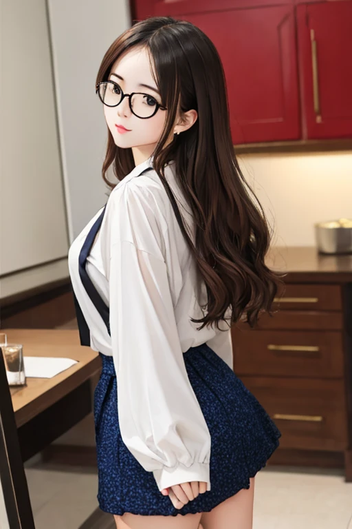 Highest quality、masterpiece、High sensitivity、High resolution、Detailed Description、Slender women、Glasses、Skirt flipped up、Protect with your hand、