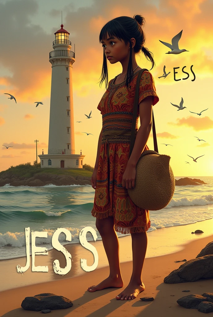 A Papua New Guinean girl with combed black hair, brown skin, wearing a meri blouse, with a string bilum hanging on her right shoulder, standing beside a light house at the beach. Sunset with birds. Realistic art. Has the name JESS as the heading, colored black and white stroke.