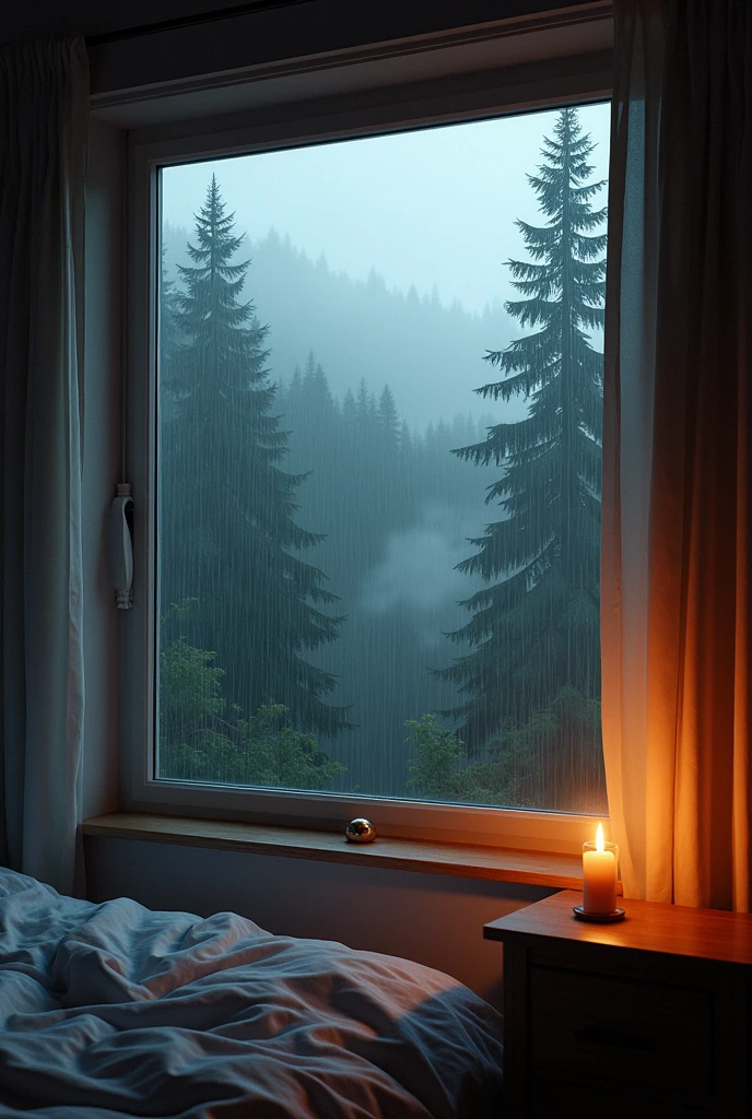 (masterpiece, top quality), bedroom interior with large window overlooking pine forest, rain falling outside window, dense fog in forest, single dead candle on table, warm lighting, photorealistic, highly detailed, 4k, vibrant colors, dramatic lighting