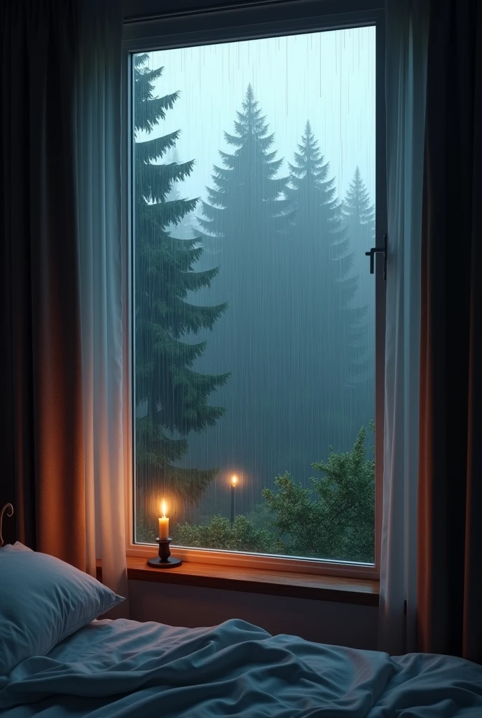 (masterpiece, top quality), bedroom interior with large window overlooking pine forest, rain falling outside window, dense fog in forest, single dead candle on table, warm lighting, photorealistic, highly detailed, 4k, vibrant colors, dramatic lighting