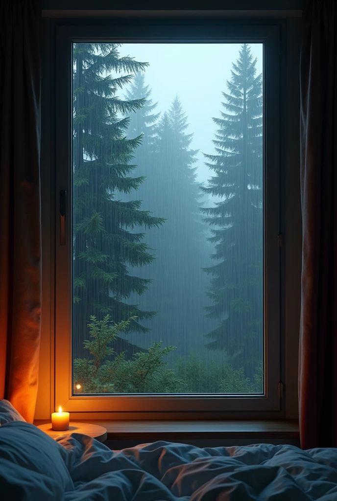 (masterpiece, top quality), bedroom interior with large window overlooking pine forest, rain falling outside window, dense fog in forest, single dead candle on table, warm lighting, photorealistic, highly detailed, 4k, vibrant colors, dramatic lighting