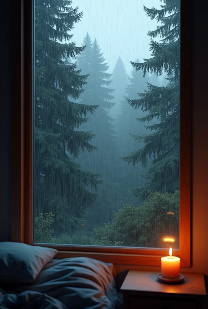 (masterpiece, top quality), bedroom interior with large window overlooking pine forest, rain falling outside window, dense fog in forest, single dead candle on table, warm lighting, photorealistic, highly detailed, 4k, vibrant colors, dramatic lighting