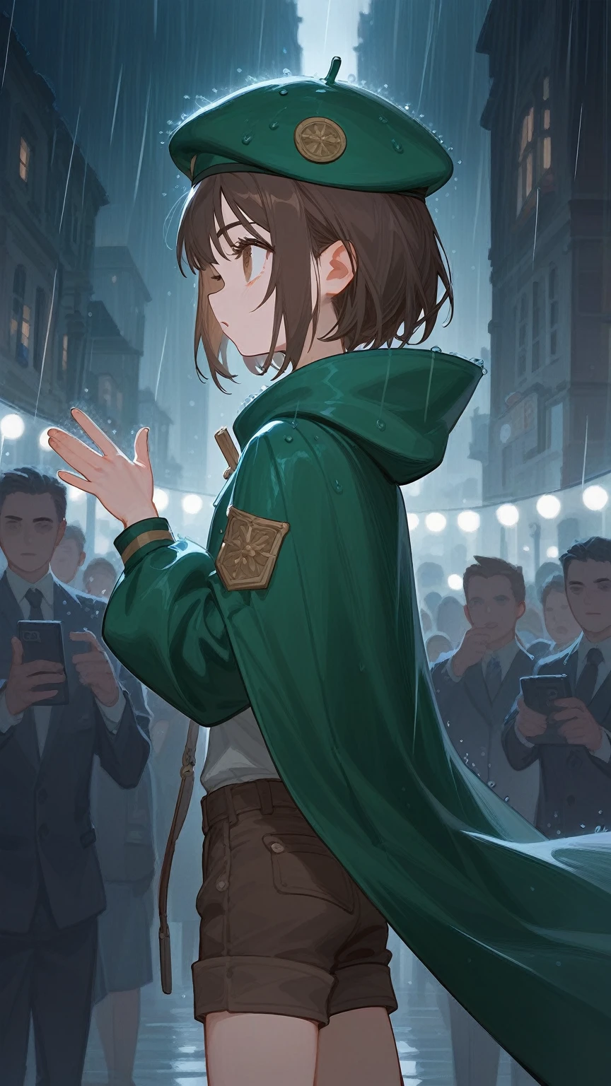 ung girl，B Hedgehog Head，Pointed bangs，Bangs block the eyes，Maniacal laughter，Stretch out your arms，Five fingers spread，Green Beret，Green Cape，Brown shorts，Grey crowd，Gray flowers，Gray environment，Movie lighting，（（（Gray Gothic Building））），rain，Profile，absurd，Impressionism，Crazy