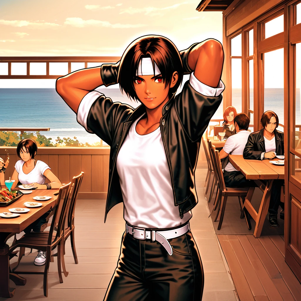 Alone,Female,Short hair,Dark hair,Dark skin,Red eyes,(black jacket with rolled up sleeves),Fingerless gloves,White T-shirt, (white headband),Black pants,White shoes,T-belt,Cute,Indoor ,Charming,Ocean view,Slightly larger chest,Outdoor,High quality,Handsome confident and bewildered face,dining with friends on terrace,lively atmosphere,hands behind head