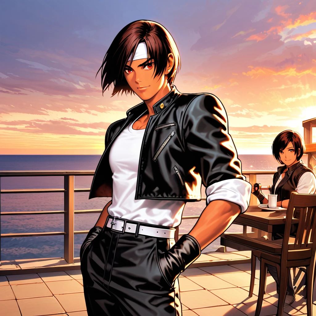 Alone,Female,Short hair,Dark hair,Dark skin,Red eyes,(black jacket with rolled up sleeves),Fingerless gloves,White T-shirt, (white headband),Black pants,White shoes,T-belt,Cute,Indoor ,Charming,Ocean view,Slightly larger chest,Outdoor,High quality,Handsome confident and bewildered face,dining with friends on terrace,lively atmosphere,hands behind head
