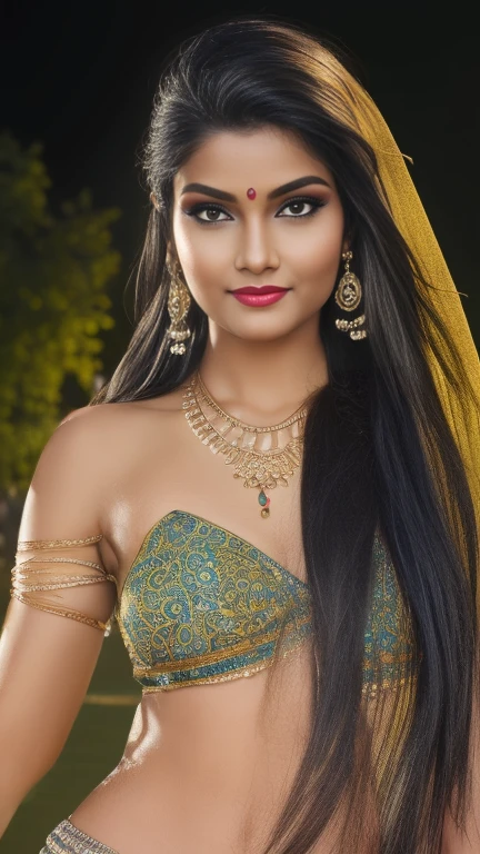 (best quality,4k,8k,highres,masterpiece:1.2),ultra-detailed,(realistic,photorealistic,photo-realistic:1.37) a beautiful young indian  girl, at a indian festival, hindu aesthetic, night time, 8k, light on model, happening environment, staring in the camera, breasts big, long hair tied in a bun, wearing strapless bra, wearing heavy makeup, long eye lashes, bindi, long earrings, necklace, arm bands, wristbands, nose ring and waist chain, mascara on the eyes, wet clothes