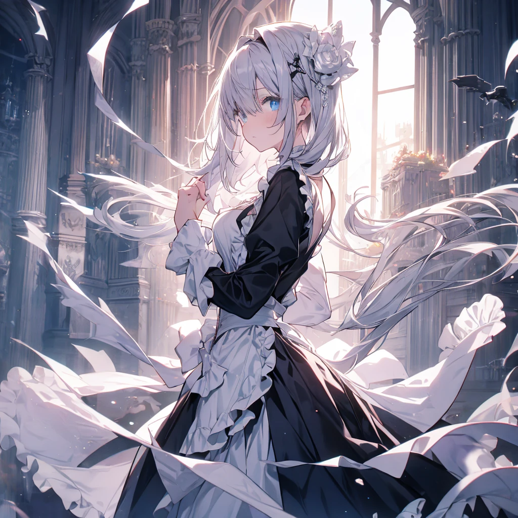 {{{Expressionless}}},{{{{One Woman}}}},{{{Age 35}}},{{{{{Mature Woman}}}}},{{{{{solo}}}}},small ,{{{{{Hide your hands}}}}},Maid clothes,Gothic Maid,Long skirt,Sharp medium long straight hair,Long sleeve,Long Bangs,Silver short-cut hair, Hollow Eyes,Highest quality,Delicate background,8k wallpaper,Frills,Super Detail,pastel blue eyes,Narrow eyes,beautiful buildings in london,{{{One Face}}},Two arms,2 Foot,{{{{{Have nothing}}}}},Perfect skeleton