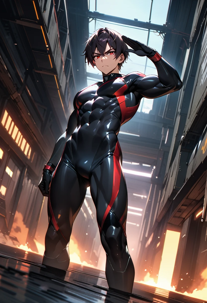 masterpiece, best quality, 8K, HDR,, Muscular 25-year-old man in a futuristic, dimly lit warehouse. He's part of a sinister organization, sporting a short, sleek black hairstyle and intense red eyes. His powerful physique is highlighted by a form-fitting black wetsuit that covers him from the jaw down. The pose shows him standing straight, striking a stern salute. Future warehouse BREAK Muscular man in black bodysuit BREAK Salute pose BREAK Red eyes, serious
