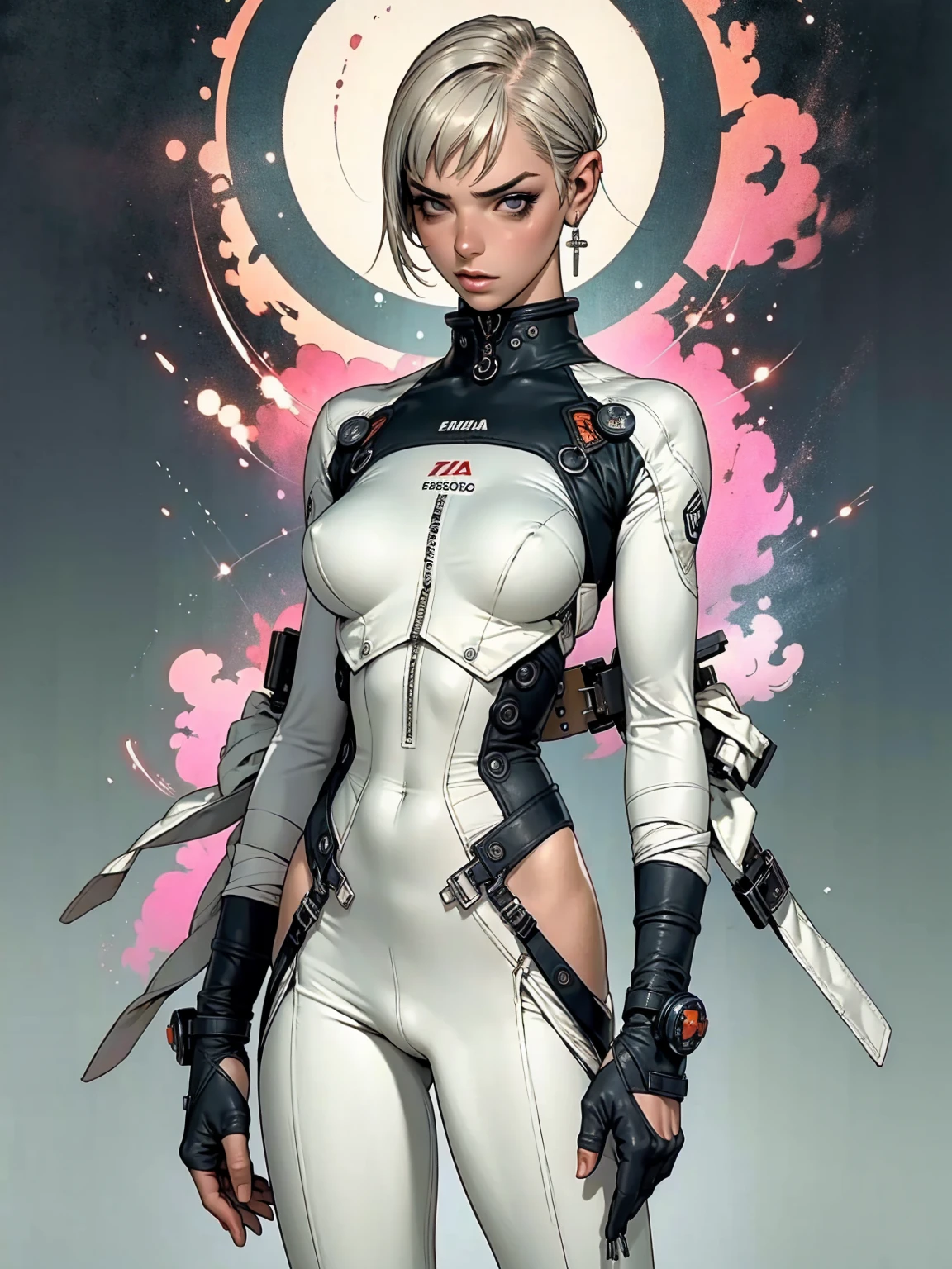 (((Annie Lennox))), ((( nano suit ))), (((Bandaged body))), ((high collar)), (((Quorra))), (((best qualityer: 1.4))), (Unbeatable masterpiece), (hiper HD),(CG 8k hyper-realistic), (((brave face))), (((breasts big))), (((hyper feminine))), sexly girl,(black bob hair)), ((( sculptural body ))), (((1 Kizi))), Kizi cibernética de 25 anos com perfectbody,,Beautiful and well-groomed face,muscular body:1.2,solid color detailed jacket, (Head to thigh photos), Complex equipment, green dark,Long pants,Tight clothes are dark,With white stars and off-white stripes,,,,,Armor Metal Electronic Parts, Poison tattoos ) INFO, Kizi, (((standing alone))), pirralha violent, ((())), sexly, pose de atitude, work of art, post-apocalypse, (((manga style))), bounty hunter, violent, Manic, the way you want, slenderbody, thin but strong, perfectbody, roupa moderna, advanced technology, neon, sleeves with vertical striped pattern, neutral background, (( cowboy shot )). intricate visual